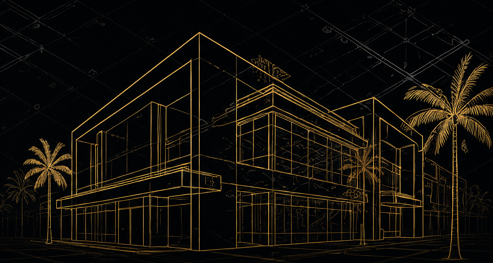 Gold line rendering of a modern Florida residence with palm trees
